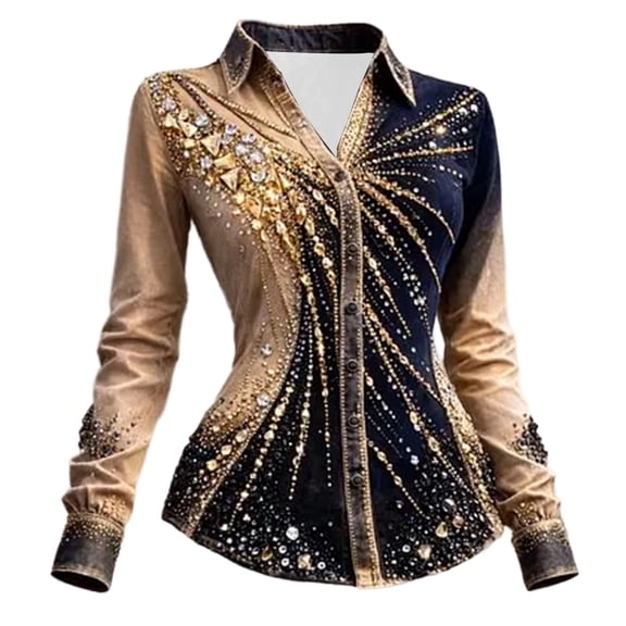 XIAOCHA Women's Rhinestone Shirt Long Sleeve Collared Button Front Western Blouse