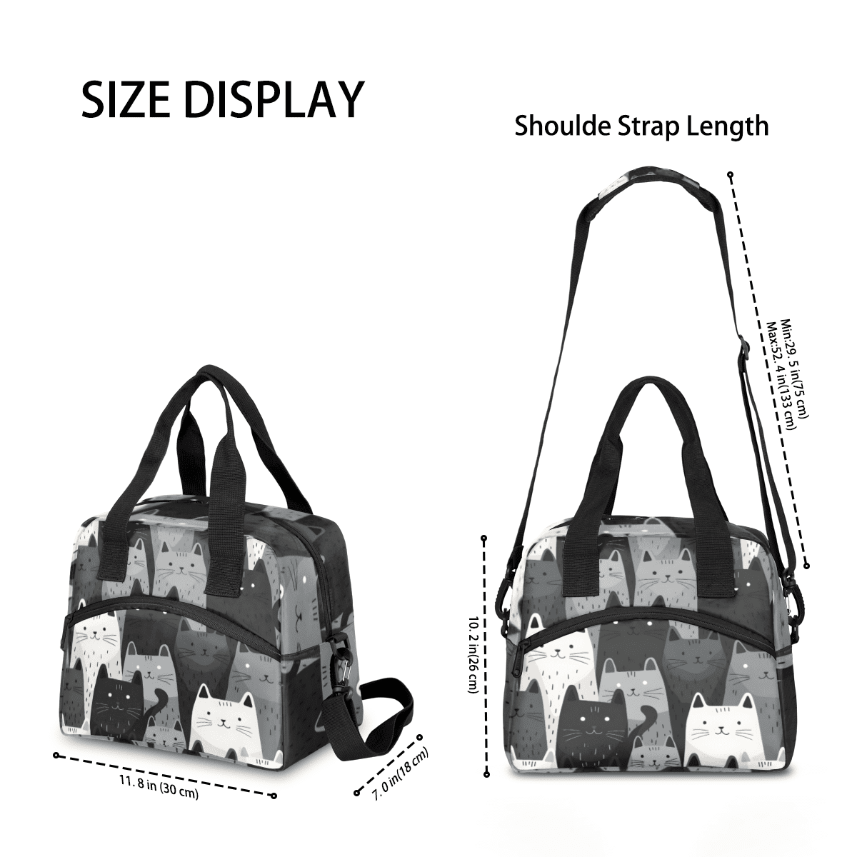 Herdesigns Cat Insulated Lunch Bag for Women Men Adults Large Reusable Lunch Box Gray White Black Cat Leakproof Cooler Tote Bags with Adjustable Shoulder Strap