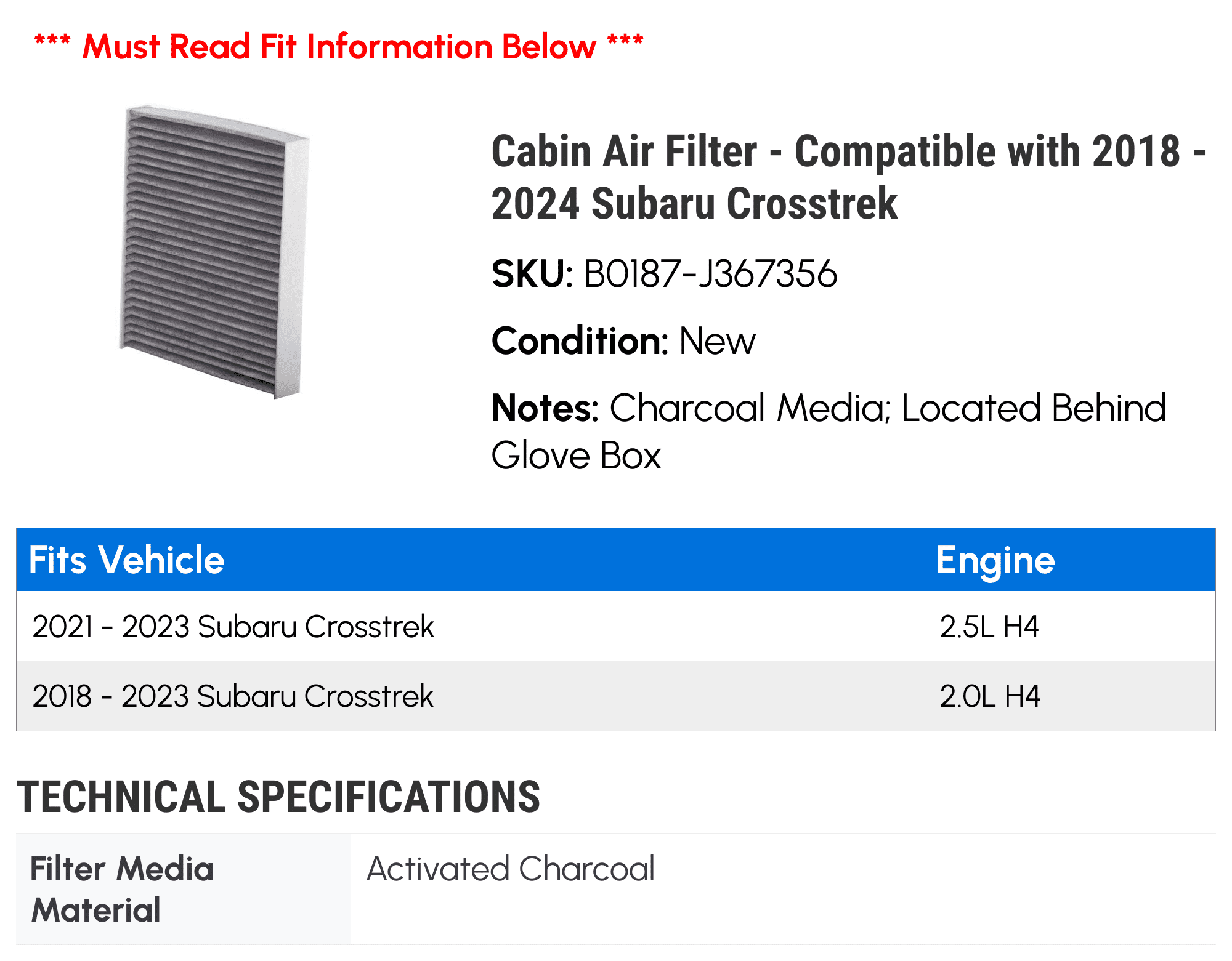 Cabin Air Filter - Compatible with 2018 - 2024 Subaru Crosstrek 2019 2020 2021 2022 2023