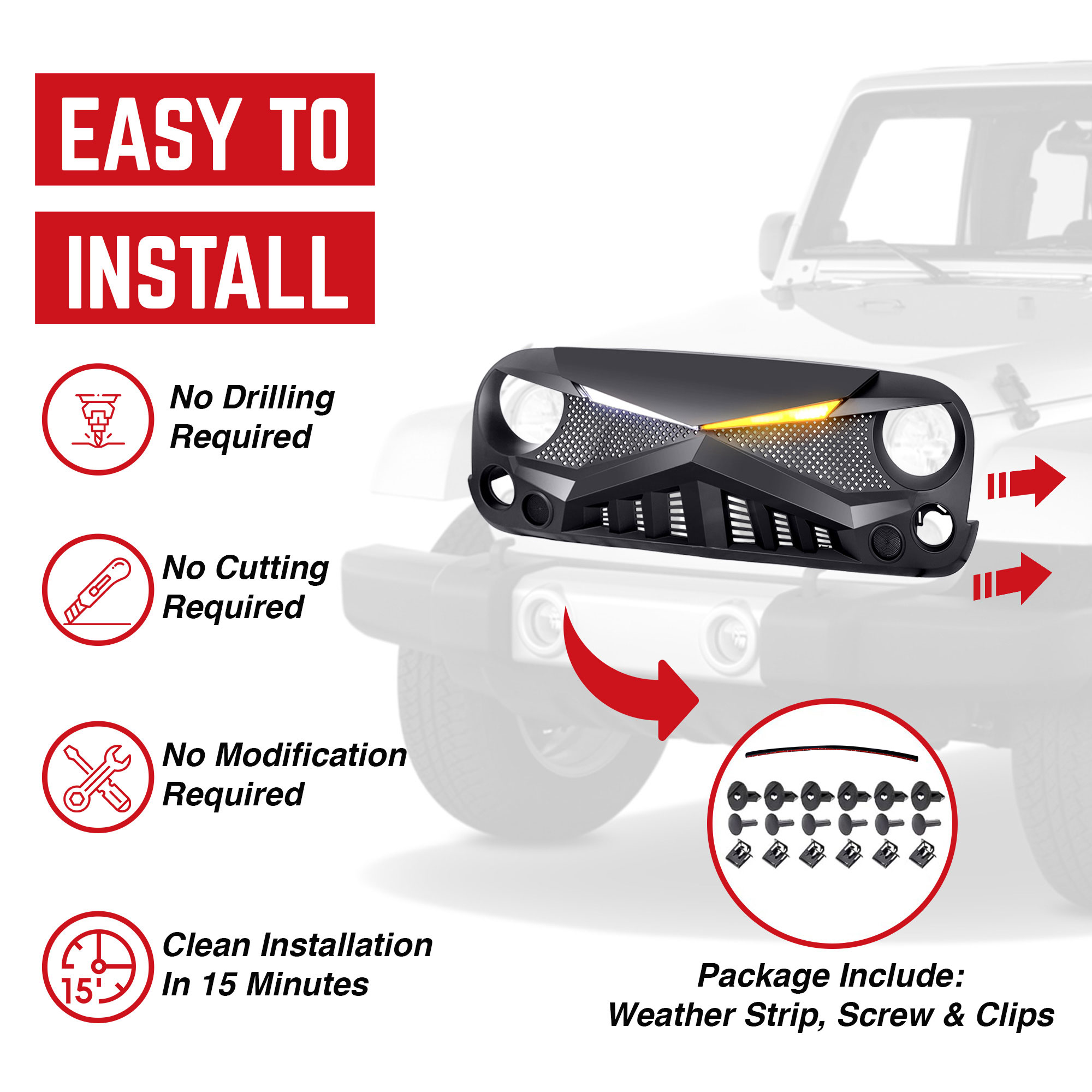 AMERICAN MODIFIED Hawke Grille for 2007-2018 Jeep Wrangler JK