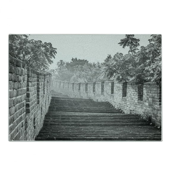 China Cutting Board, Black and White Panorama of Traditional Landmark Cultural Ruins Image, Decorative Tempered Glass Cutting and Serving Board, Small Size, Grey, by Ambesonne