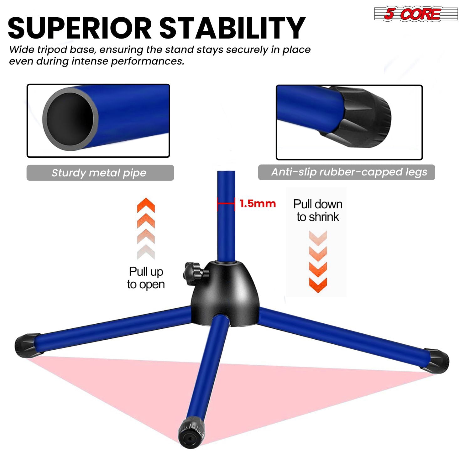 5 Core Mic Stand Floor Height Adjustable Tripod Microphone Stands w Extending Telescoping Boom Arm - MS DBL G Dark Blue