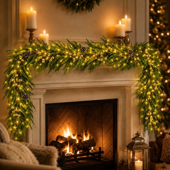 Pre‑Lit Christmas Garland, 6 ft 50-Fork Norfolk Pine Greenery Vine, Warm LED Lights for Mantel Stair Railing Doorway and Window, Holiday Home Decor