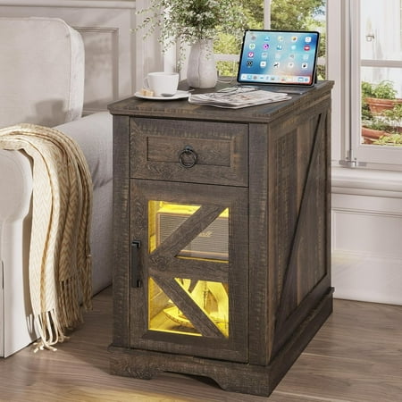 

End with LED Lights & Charging Station Farmhouse Wooden with Sliding Drawers Narrow Nightstand with LED Lights Bedside for Bedroom Living Room ( 1PC)