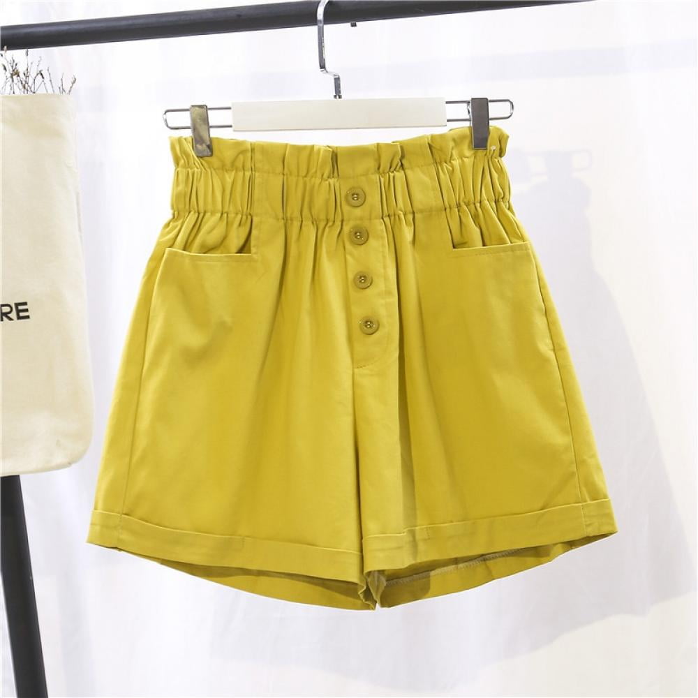 Womens Elastic Waist Shorts,Ladies Solid Button Pockets Trousers Wide Leg Hot Pant 