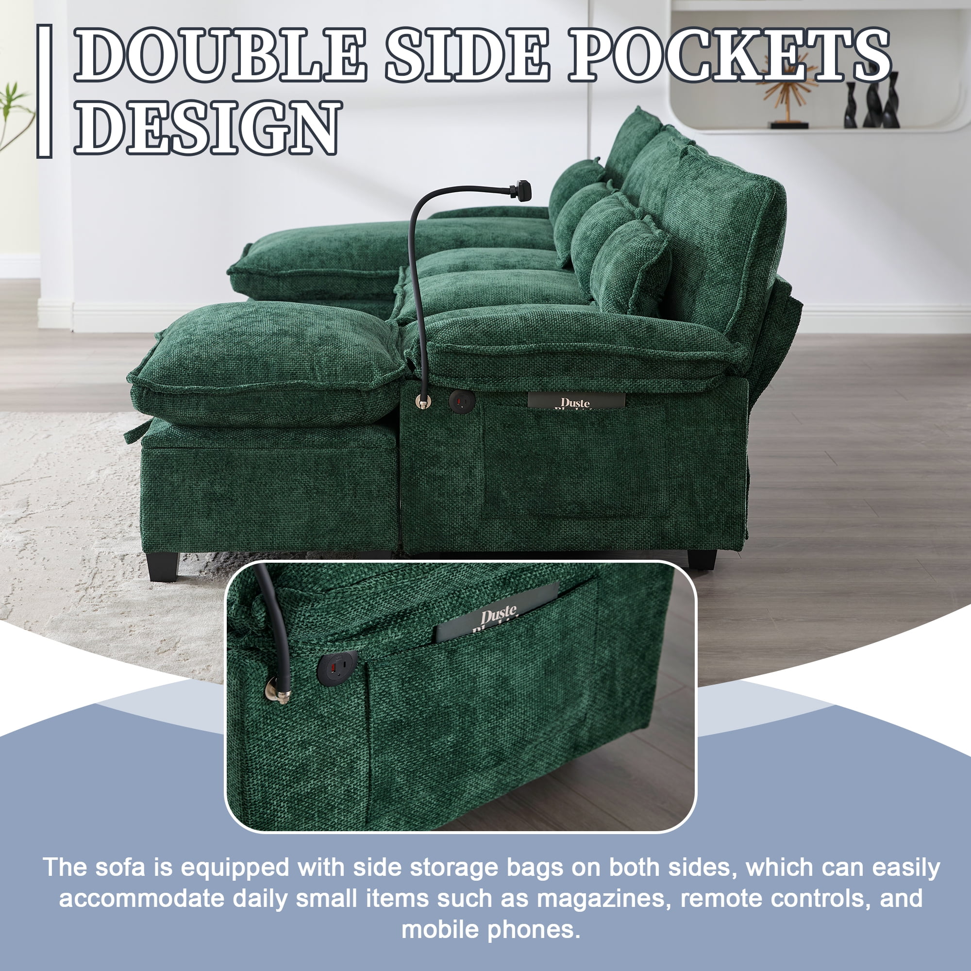 MOONMISS Chenille Upholstered Oversized U-shaped Comfy Modular Sectional Sofa with Storage Ottoman-Emerald