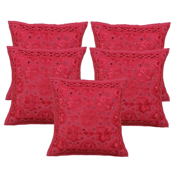 Stylo Culture Indian Chair Seat Throw Pillow Covers 16x16 Hand Embroidered Pink Boho 40x40 cm Home Decor Cotton Mirrored Square Cushion Covers | Set Of 5
