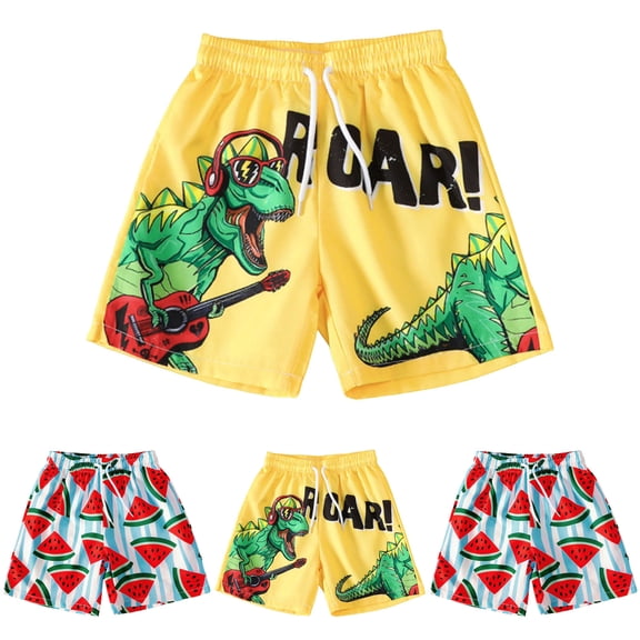 WUANDIXFA Cute Green T-rex Surfing Boys Swim Trunks Boy Bathing Suit Quick Dry Beach Swimsuit (Yellow, 4-5 Years)
