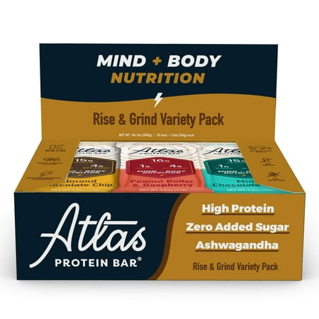 Atlas Bar, Keto & 15g Protein, 1g Sugar, Rise & Grind Variety, 9 Bars