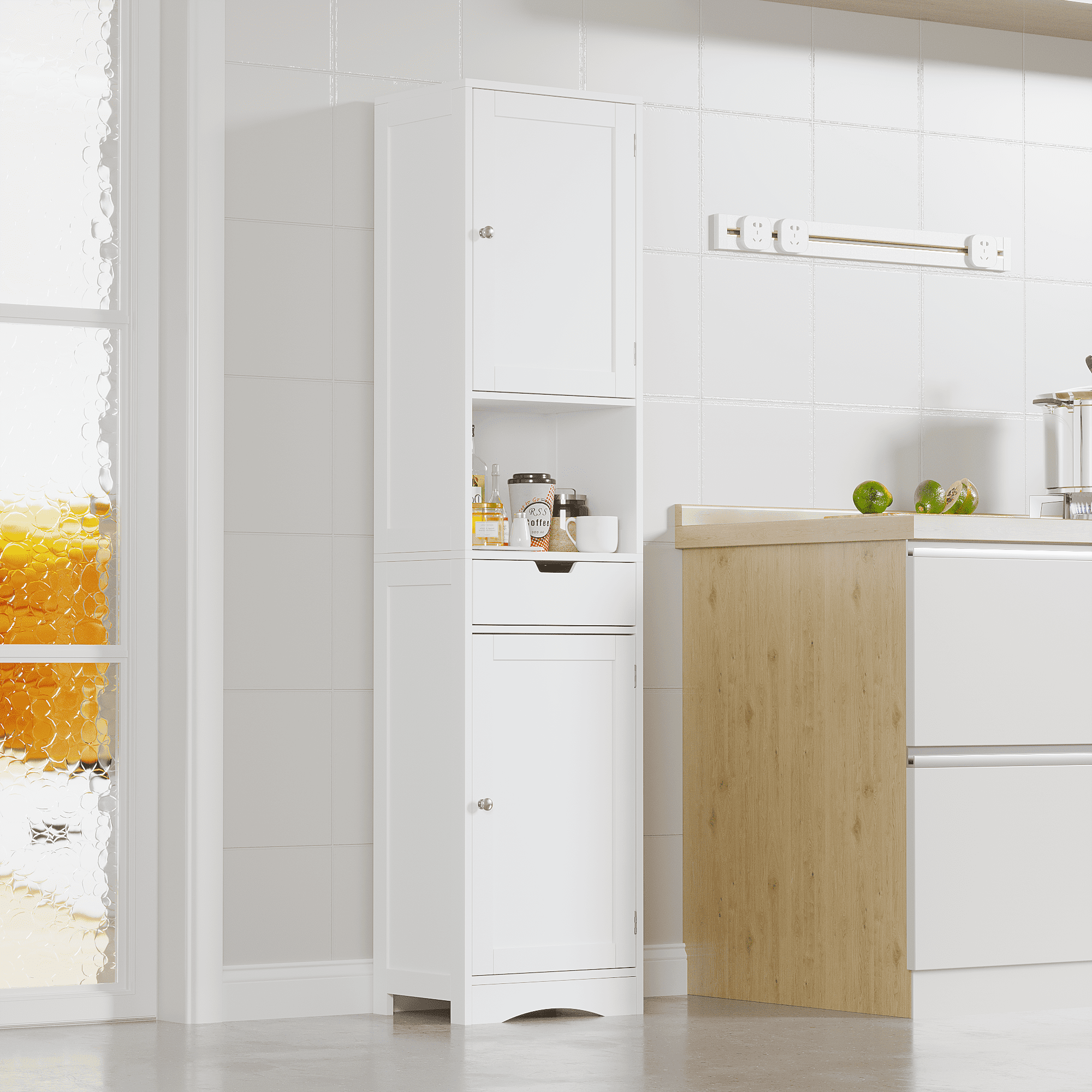 Mintazer 67" Tall Bathroom Storage Cabinet with 2 Doors & Drawer, Freestanding Floor Organizer with Adjustable Shelves for Bathroom & Kitchen, White
