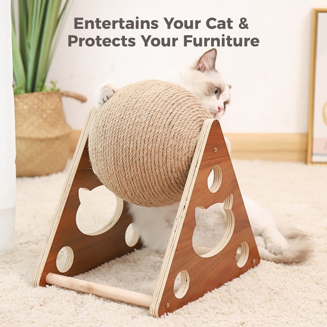 Cat Scratcher Toy, Cat Scratching Ball Toy, Natural Sisal Scratcher Ball, Spinning Cat Ball Toy, Solid Wood Scratching Toy for Cats & Kittens, Indoor Interactive Pet Toy
