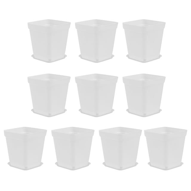 10 macetas cuadradas de plástico para flores, mini macetas decorativas, macetas creativas para suculentas, organizador floral para guardería, suministros de jardín con bandejas (blanco, 7 cm)
