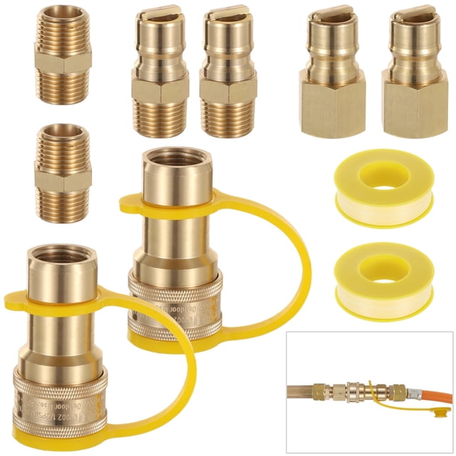 kits de 10 accesorios de conexión rápida para gas natural lp, juego de conectores de conexión rápida para manguera de gas propano y natural qdd de 1/2 con cinta de sellado, material de latón con cubi muestra diez conectores de latón cobrizo de 1/2 pulg.: varios adaptadores roscados y racores, dos acoples rápidos con capuchones plásticos amarillos y dos rollos de cinta de sellado; vista frontal sobre fondo blanco, primer plano en los acoplamientos; a menudo usado para instalaciones de plomería y conexión de parrillas portátiles.