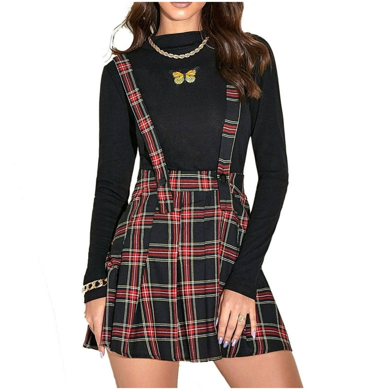 Huaai Skirts For Women Women Fashion Plaid Pleated A Line Skirt Strap High Waist Short Skirt Maxi Skirt Red S Walmart