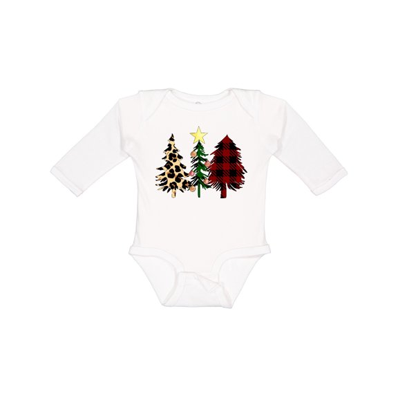 Inktastic Three Christmas Trees in Plaid and Leopard Print Boys or Girls Long Sleeve Baby Bodysuit