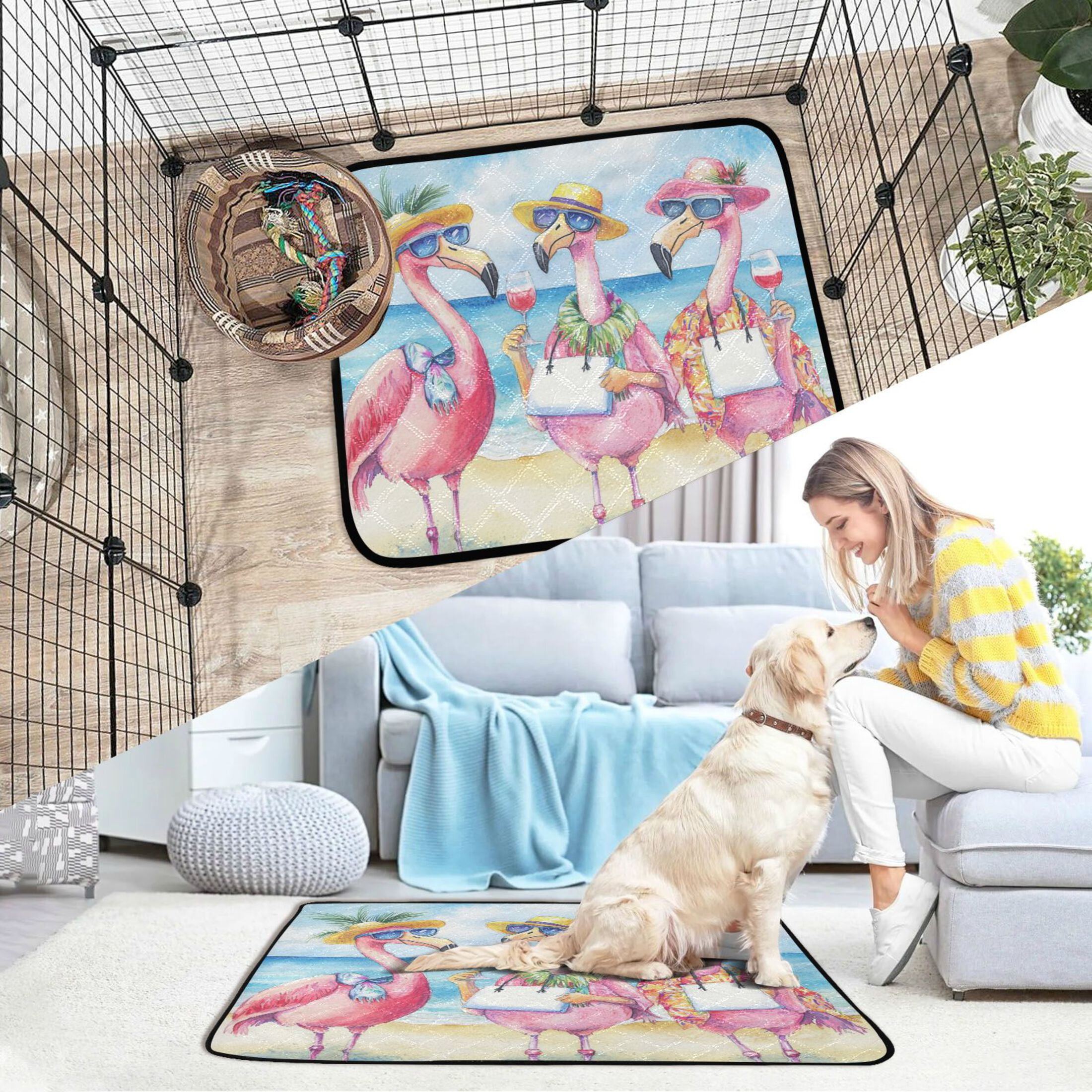 Qxltty Traveling Flamingos Cat litter Pads Pet Set of 2 Diaper Mats Center Anti-leakage Layer Absorbent Soft and Comfortable