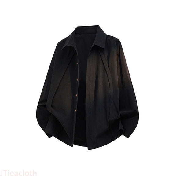 JTieacloth 2026 Men's Large Size Patchwork Solid Color Casual Loose Sleeve Collar Shirt Button Down Shirt for Men Black