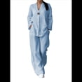 thumbnail image 1 of Conjunto de 2 Piezas de y Algodón para Mujer, con Cuello en V, Camisa de Larga Abotonada y Pantalón con Bolsillos Azul M, 1 of 7