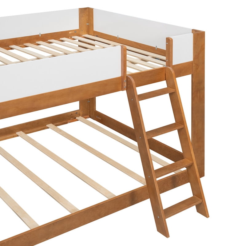 Queen-Over-Queen Low-Profile Bunk Bed with Guardrails, Wooden Kids Bed with Reversible Ladder, Accent Two-Tone Bed Frame