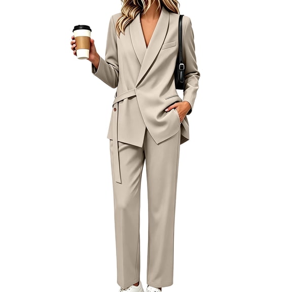 Cagogo Women Plus Size 2 Piece Outfit Long Sleeve Blazer Tops Wide Leg Pants Set Casual Business Lounge Suits Tracksuits Travel Work Clothes, Khaki 4XL