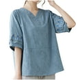 thumbnail image 2 of Fiudx Ofertas de La Semana Camisa/Camisa de Manga Corta con Cuello En V y Botones de Lino y Algodón de Color Liso para Mujer, 2 of 5