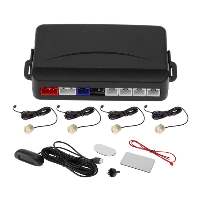 Sistema de radar de reversa universal para automóviles, sensores de estacionamiento de distancia, tono dorado, 4 sensores de estacionamiento, alarma y recordatorio.