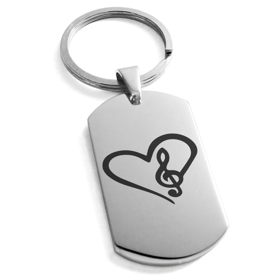 Stainless Steel Love Music Treble Clef Heart Engraved Dog Tag Keychain Keyring