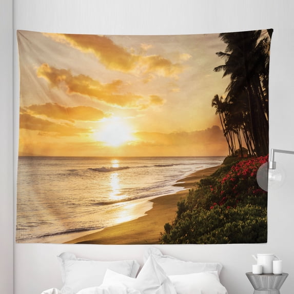 Tropical Tapestry, Warm Tropical Sunset on Sands of Kaanapali Beach in Maui Hawaii Traveling, Fabric Wall Hanging Decor for Bedroom Living Room Dorm, 5 Sizes, Orange Green Pink, by Ambesonne