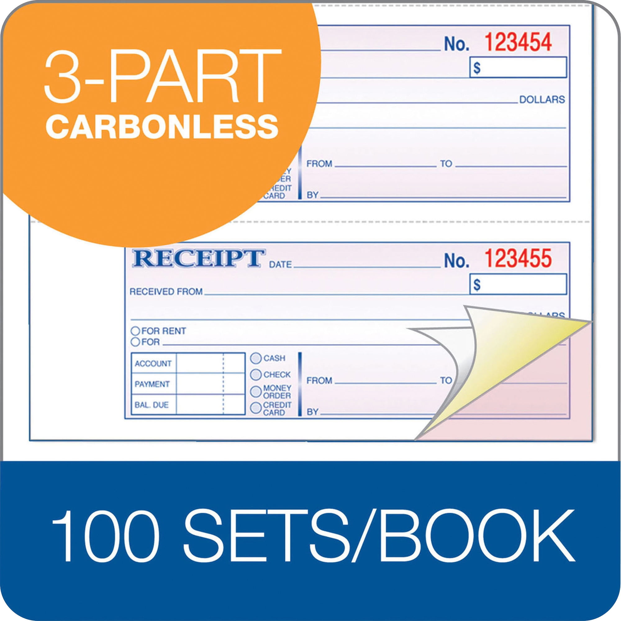 Adams Money/Rent Receipt Record Book, 3-Part, Carbonless, 100 Sets per Book, 4 Receipts per Page