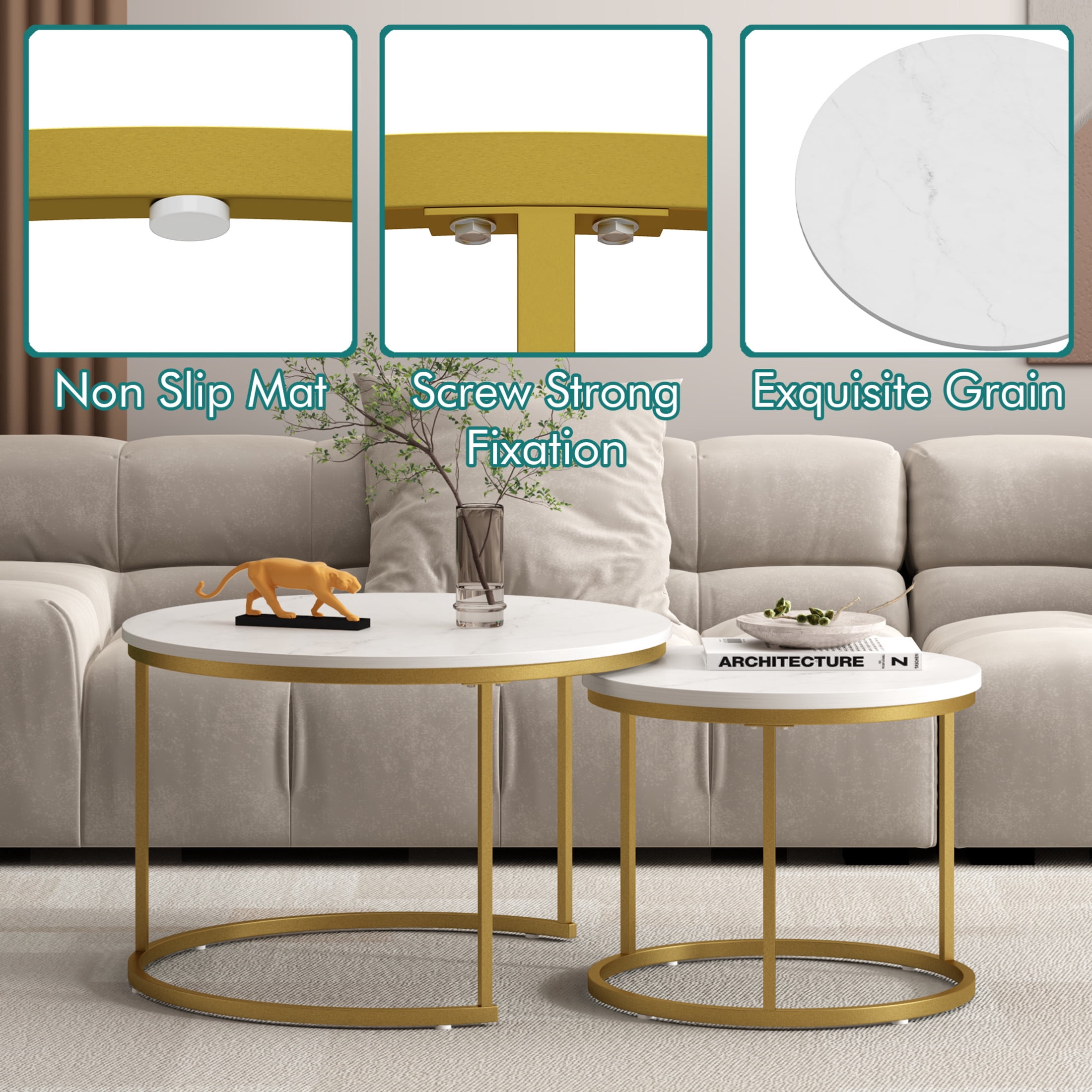Noble House 27.6" Round Nesting Coffee Table with Marble Top, Wooden Side End Tables for Living Room, White, Set of 2