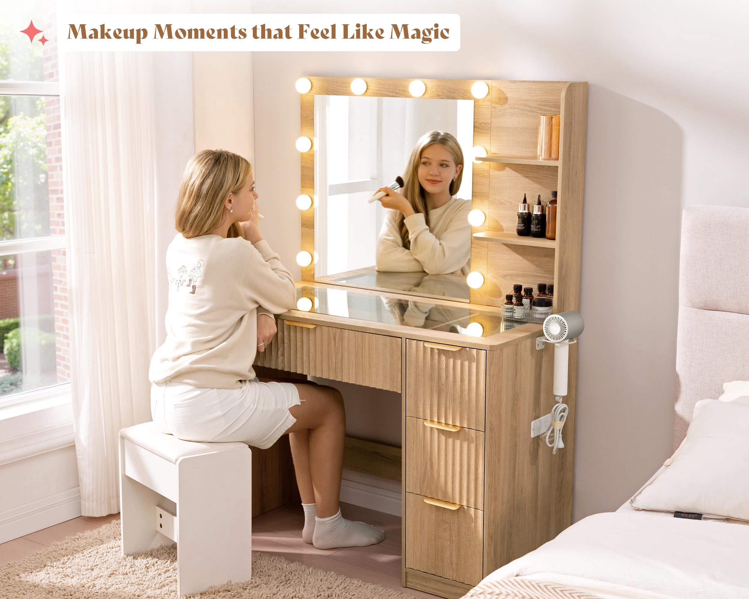 Merluxy 36.2" Girls Vanity Desk with Mirror and Adjustable LED Lights, 4 Drawers Makeup Table with Glass Top and Charging Station, Oak