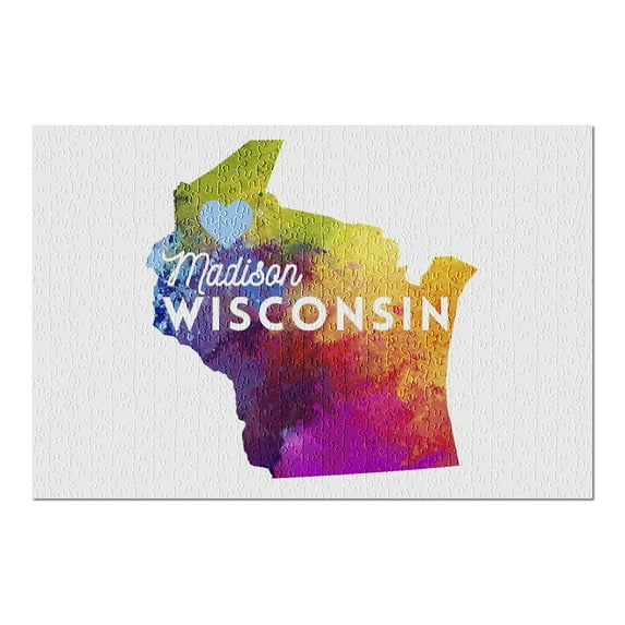 Madison, Wisconsin, State Abstract, Watercolor, 500 Piece Challenging 19 x 27 Jigsaw Puzzle for Adults and Family, Made in USA