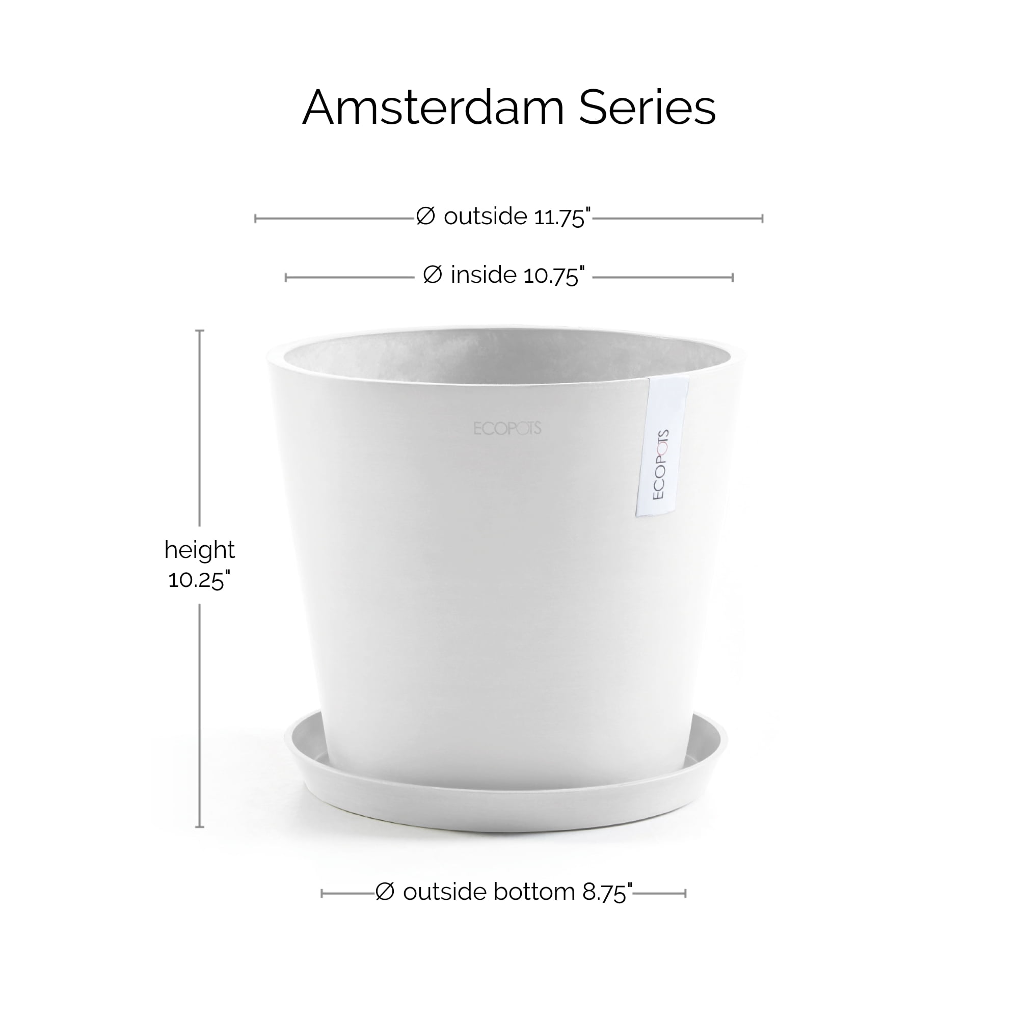 Ecopots Amsterdam Durable Modern Round Indoor/Outdoor Recycled Based Composite Flower Pot Planter w/ Water Reservoir, Pure White, 12"