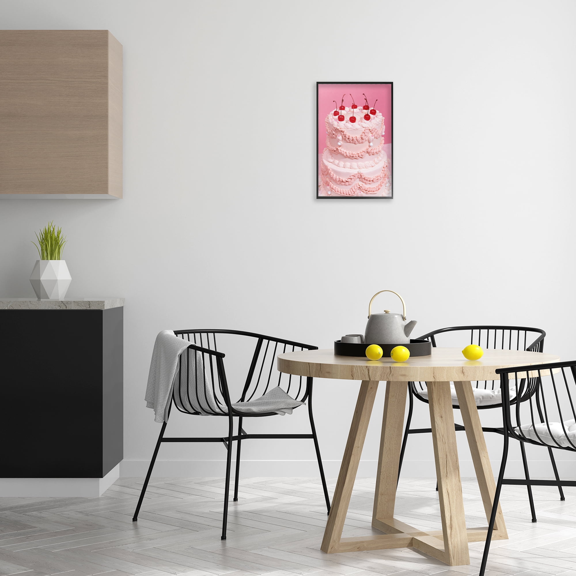 Stupell Industries Pink Cherries Cake Food & Beverage Painting Black Framed Art Print Wall Art, 12 x 18