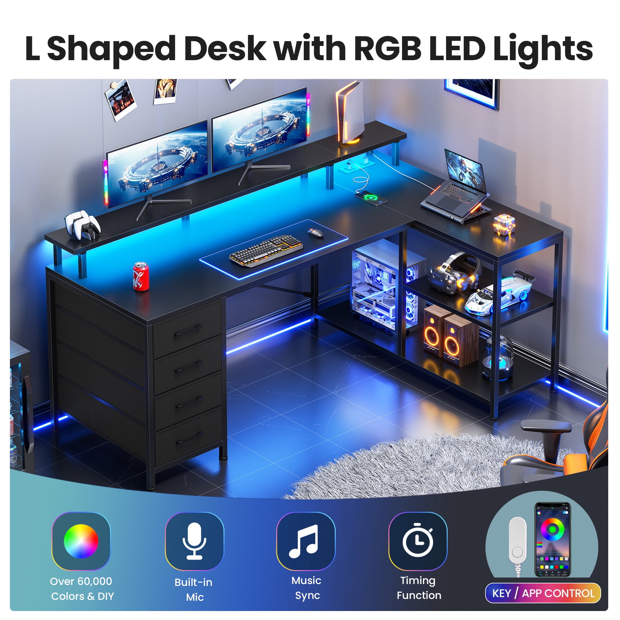 47" Gaming Desk with Power Outlets & LED Lights, L Shaped Desk with Fabric Drawers & CPU Stand, Corner Computer Desk with Open Shelves for Small Space, Black