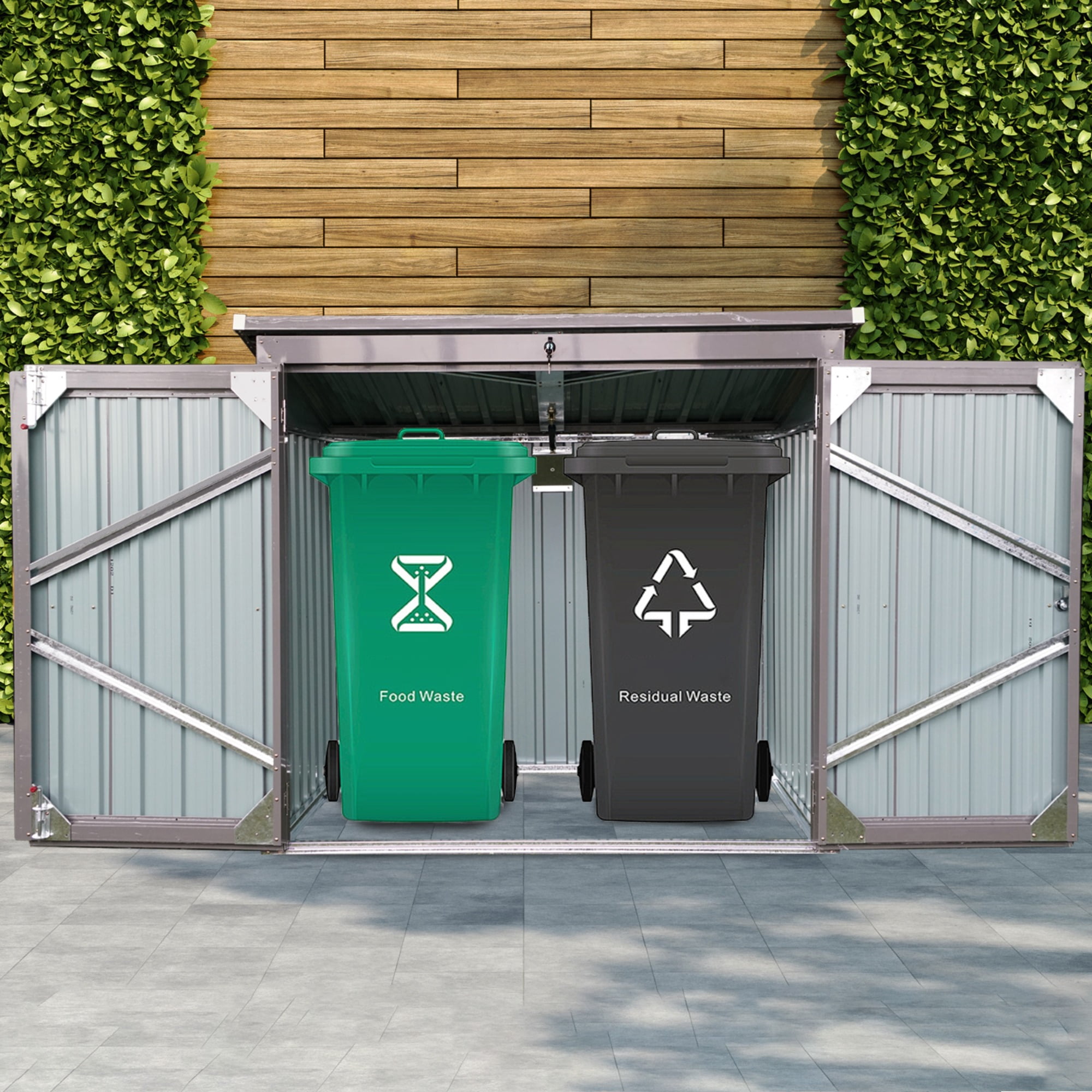 JXXRZ Metal Garbage Bin Shed for 2 Trash Cans with Lockable Doors and Lids,Galvanized Steel Garbage Bin Storage Shed for Garden Yard Lawn, Grey