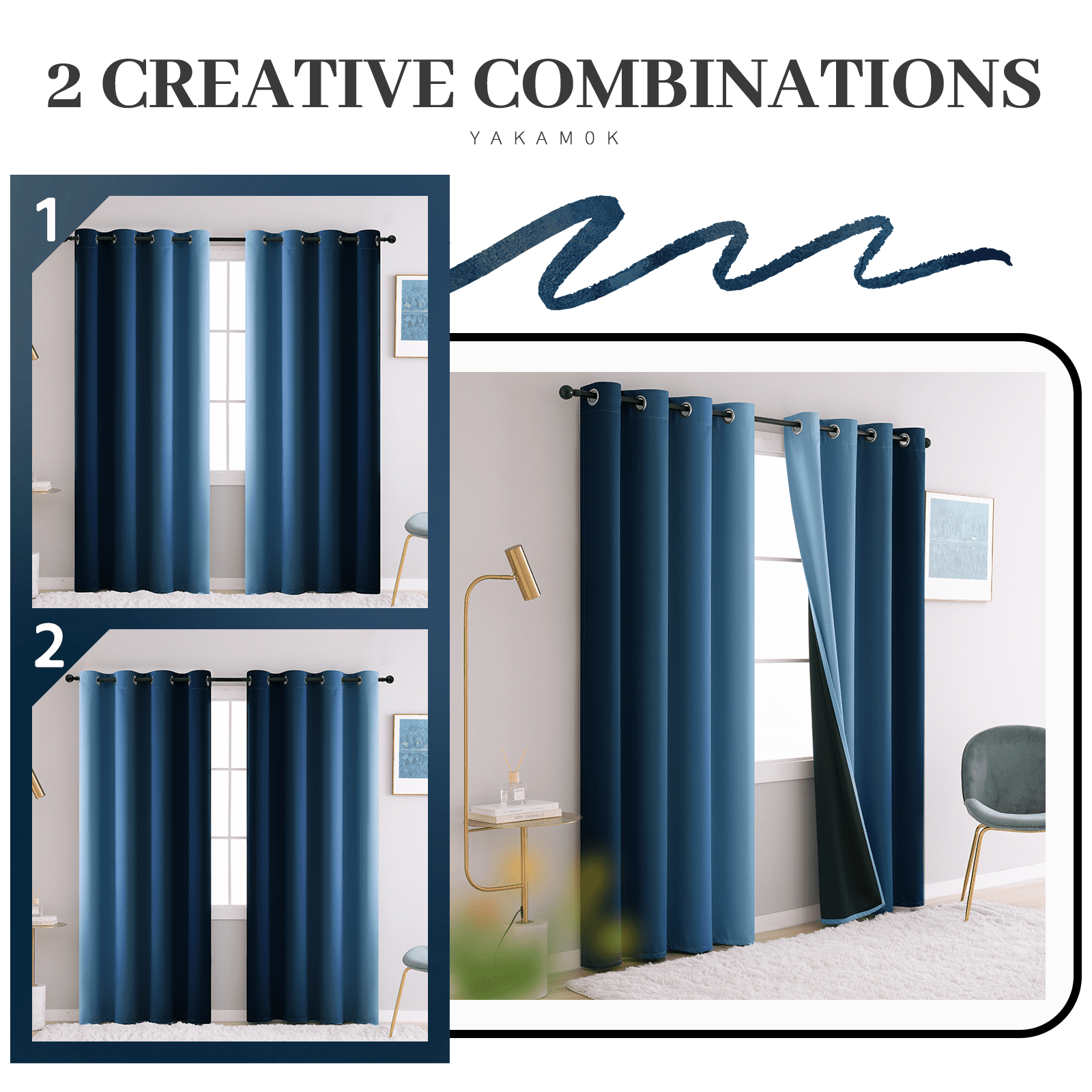 Yakamok Ombre 100% Blackout Curtains for Bedroom, Room Darkening Gradient Blue Curtains for Living Room Grommet Window Curtains 84 inches Long,2 Panels,52x84 inch