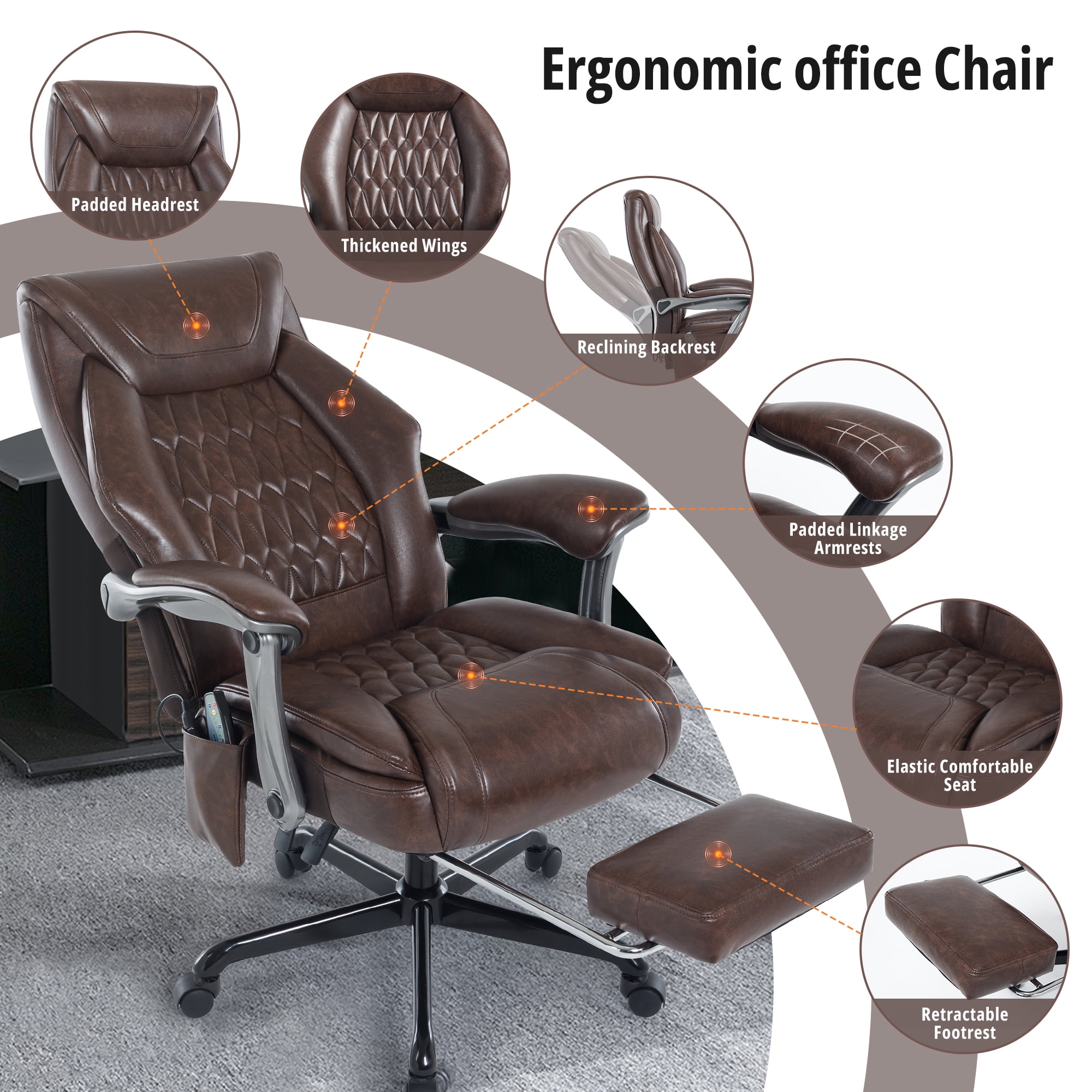 6-Point Massage Office Chair with Lumbar Support, Reclining Ergonomic Computer Desk Chair with Footrest for Full Support, PU Leather High Back Executive Computer Chair, Heated Executive Office Chair