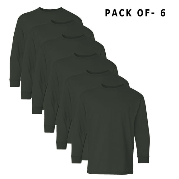 Gildan Heavy Cotton Youth Long Sleeve T-Shirt - Youth Tee Shirt Boys - Bulk Tee | 100% Cotton | Forest Green | Size XS - Pack of 6