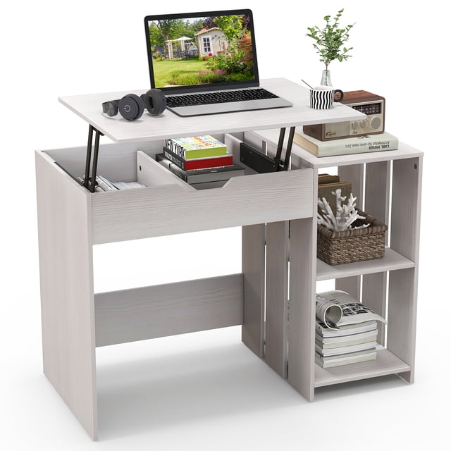 Costway Lift Top Computer Desk Standing Desk with Hidden Compartments & Storage Shelves