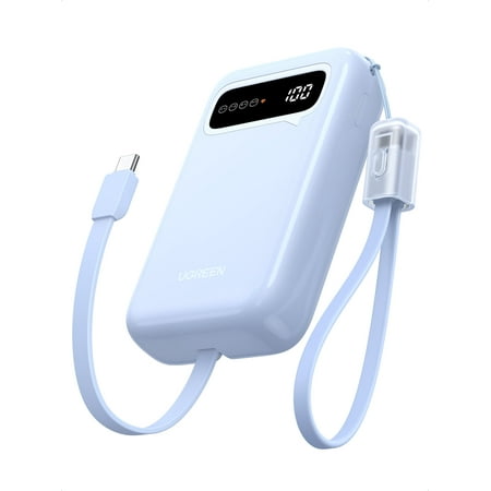 UGREEN 20000mAh Power Bank with 2 Built in Cables, Fast Portable Charger with Digital Display, Blue