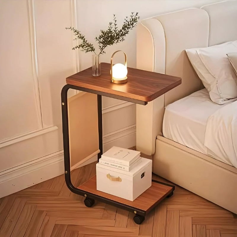 C-Shaped End Table with Wheels and Double-Layer Storage, Rolling Sofa Side Table for Couch, Bed, Bathroom, Study, Sturdy Metal Frame, 360 Rotatable Wheels, Space-Saving Snack Table