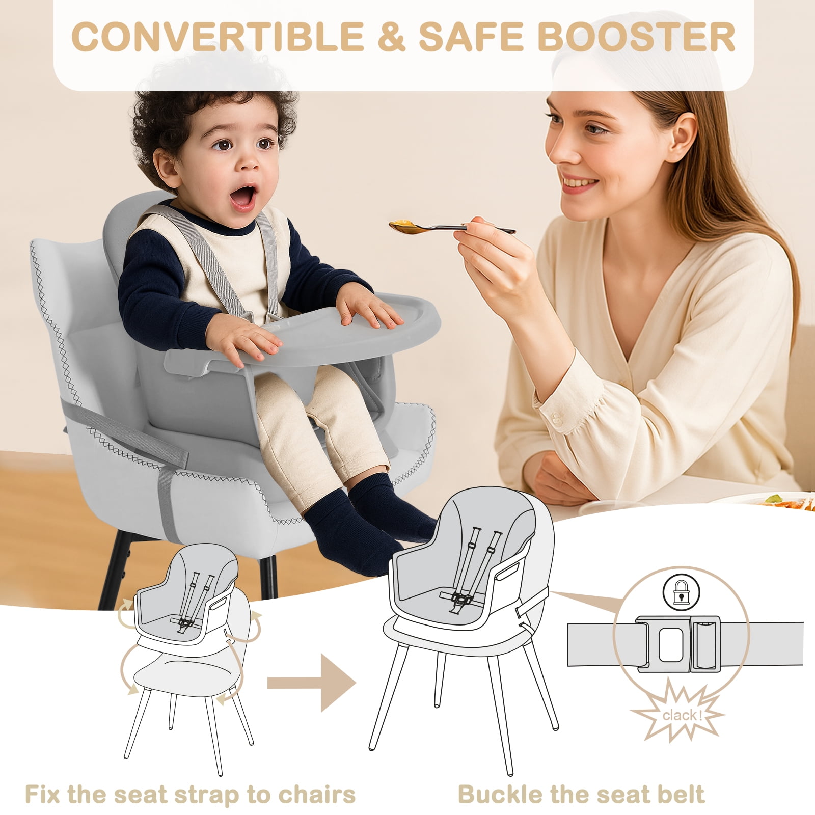 AILEEKISS 8 in 1 Baby High Chair, Toddler Dining Booster Seat for Eating, Light Grey