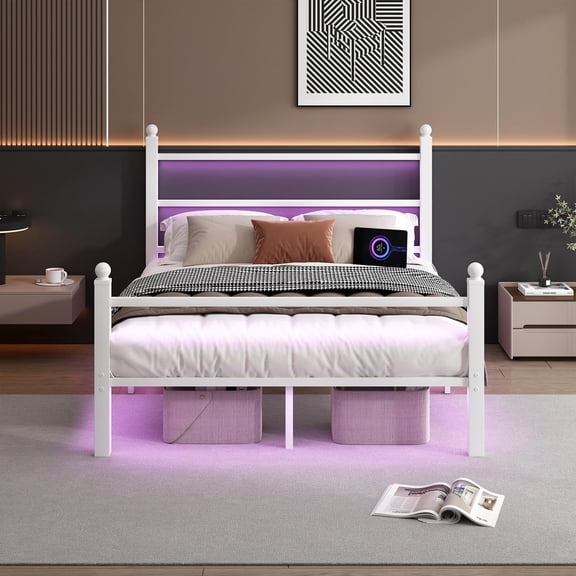 Chuangshuo Guard Full Size Bed Frame with LED Storage Headboard Shelf , Metal Platform Bed, Noise-Free, White