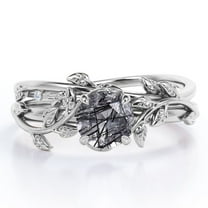 JeenMata Leaf and Vine - 0.5 TCW Round Cut Black Rutilated Quartz - Solitaire Wedding Ring Set - 18K White Gold Plating over Silver