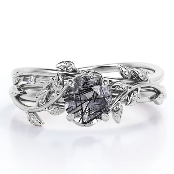 JeenMata Leaf and Vine - 0.5 TCW Round Cut Black Rutilated Quartz - Solitaire Wedding Ring Set - 18K White Gold Plating over Silver