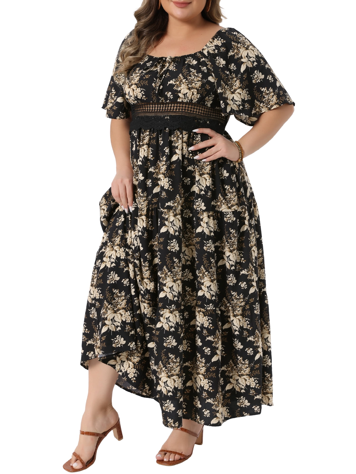 DARING DIVA Women's Plus Square Neck Floral Dresses Maxi Dress 1X Black