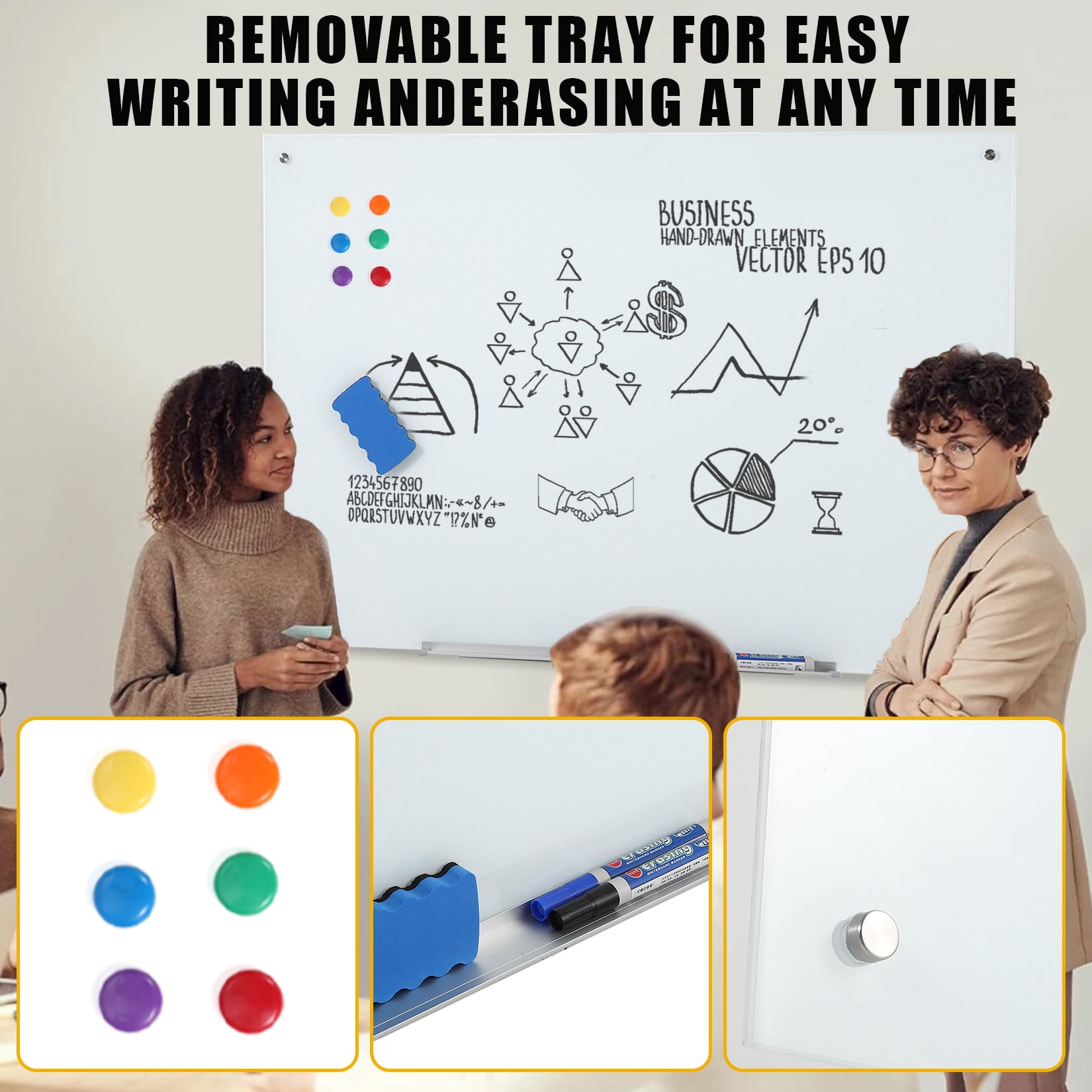 Magnetic Glass Whiteboard Frameless Dry Erase Board with 6 Strong Magnets, Tempered Glass Writing Board for Office, Home & School, White, 23.6" x 17.7"