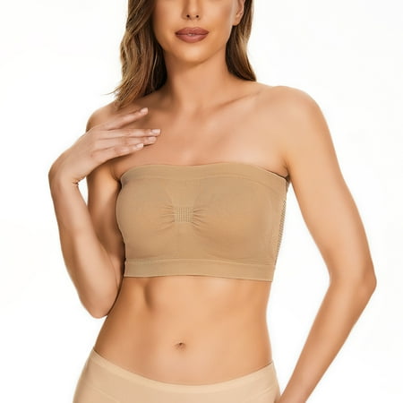 Hontri Tube Top  Womens Non Padded Bandeau Bra Wire Strapless Convertible Bralettes Basic Layer Top Bra Khaki L under $10