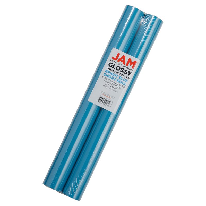 JAM Paper Glossy Wrapping Paper, 52.6 Sq ft Total (17 in x 18 Ft Each), Bright Blue, 2 Rolls